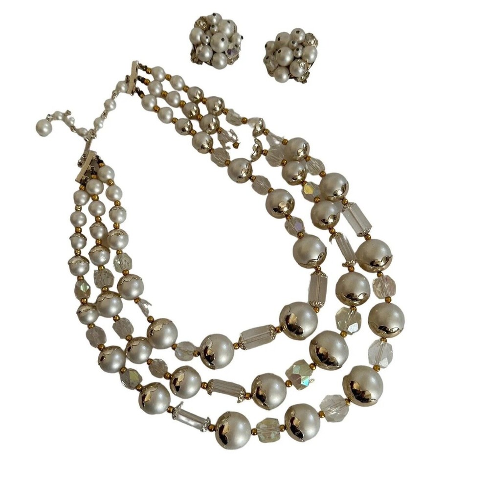 Vintage Faux Pearl Crystal Glass Triple Strand Necklace Earrings‎ Clip On Japan